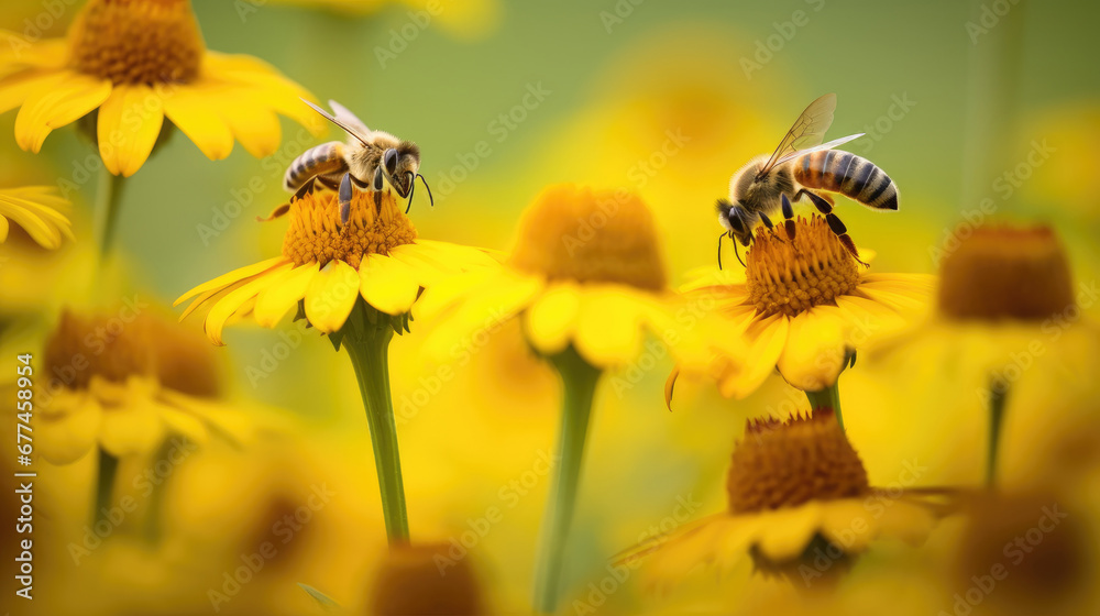 bees  on helenium flowers,Bee and flower. Close up of a large striped bee collects honey on a yellow flower on a Sunny bright day. Macro horizontal photography. Summer and spring backgrounds