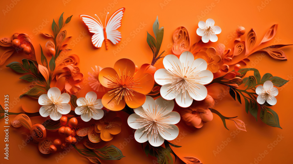  orange flower with chinese dragons attached to floral wire, in the style of delicate paper cutouts, 