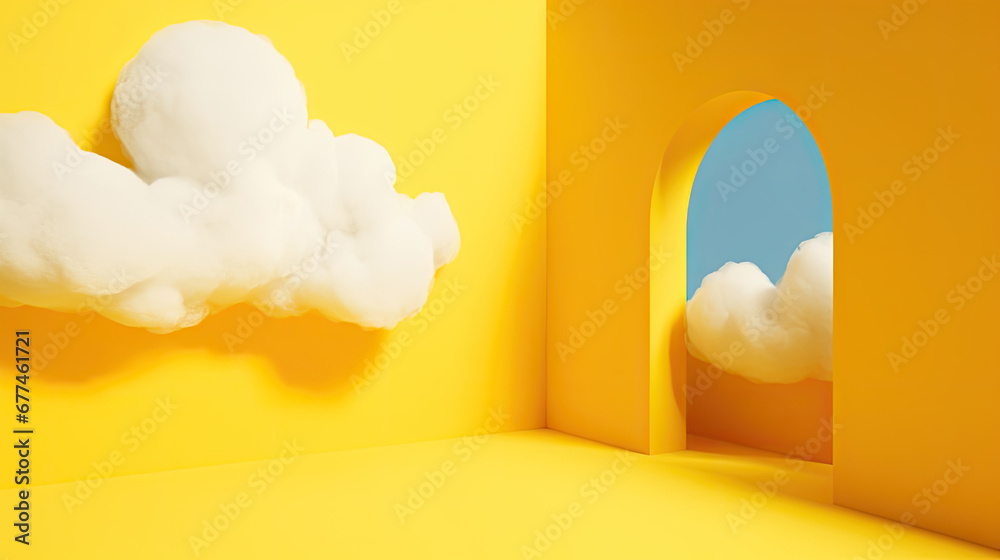 window and clouds, 3d render, abstract minimal yellow background with white clouds flying out the tunnel