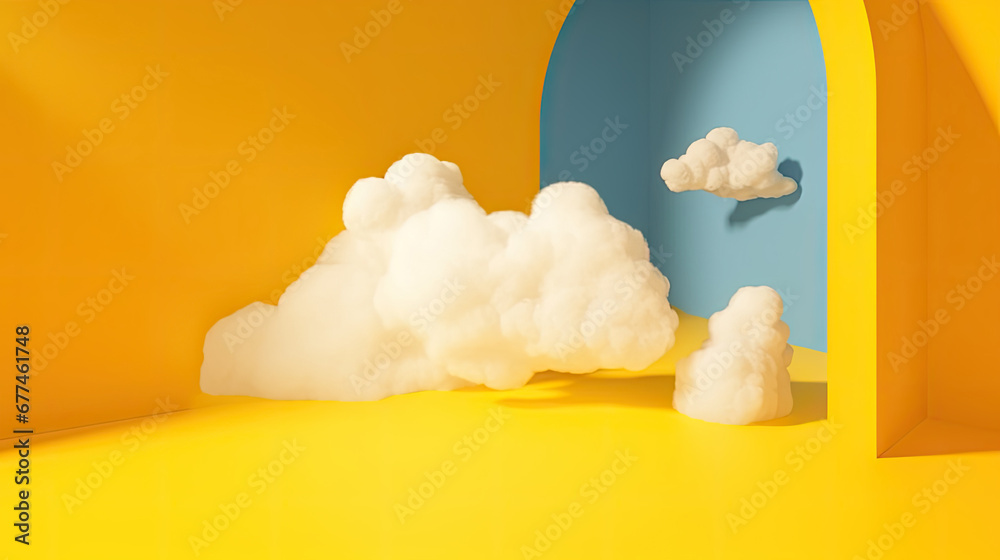 window and clouds, 3d render, abstract minimal yellow background with white clouds flying out the tunnel