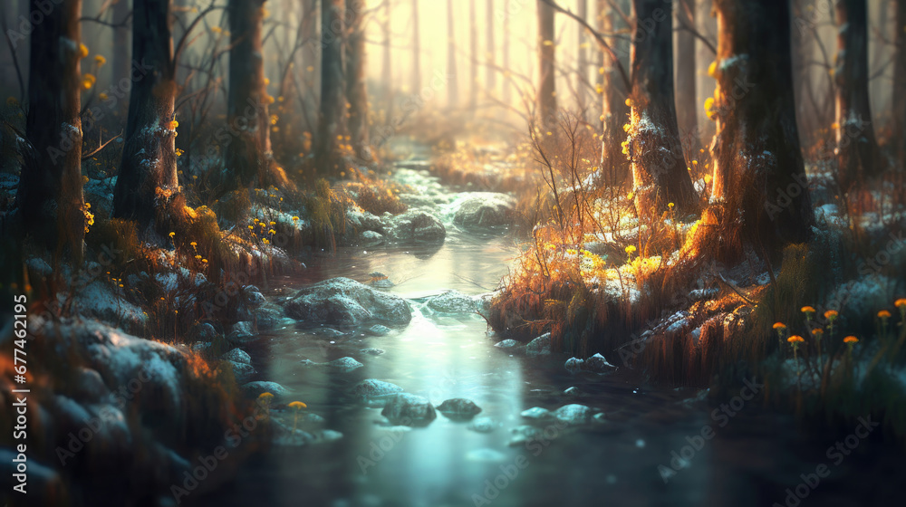 forest in winter, a stream in a forest