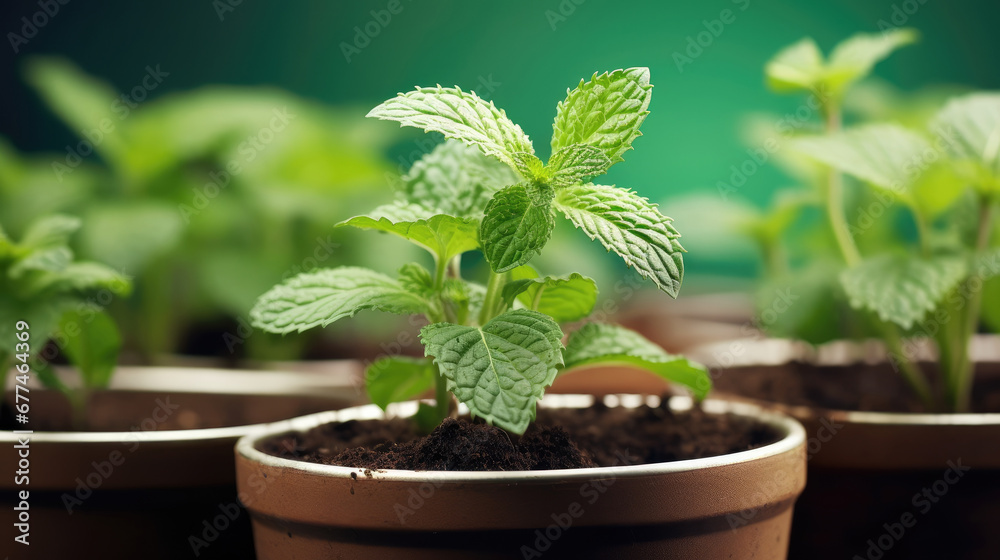 Green peppermint herb growing in pot, Fresh mint plant growing at home in the pot, indoor gardening