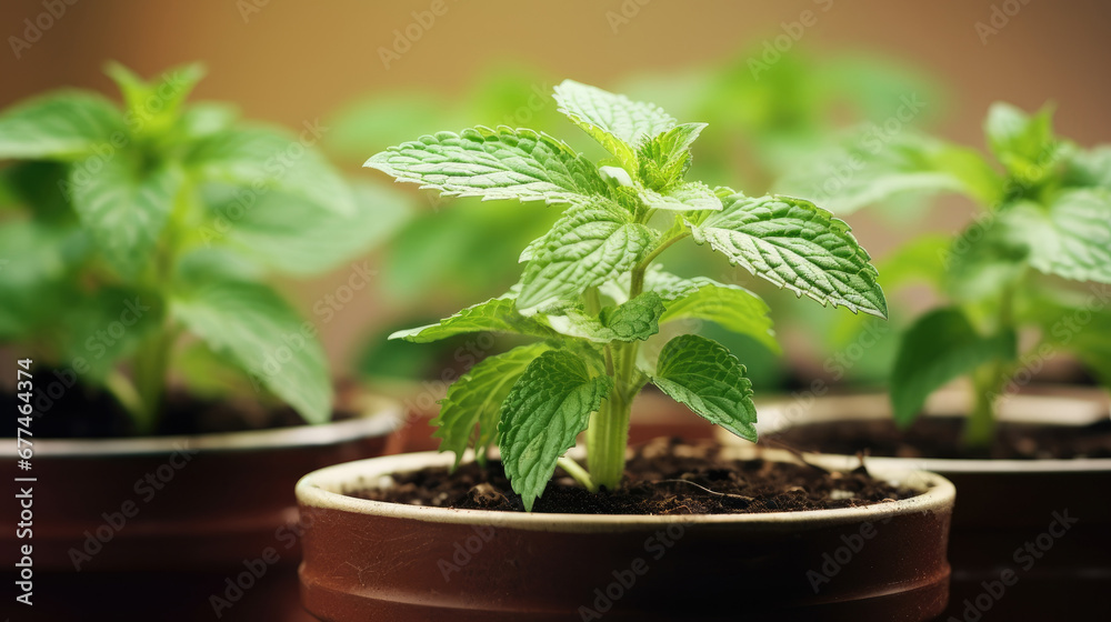 Green peppermint herb growing in pot, Fresh mint plant growing at home in the pot, indoor gardening