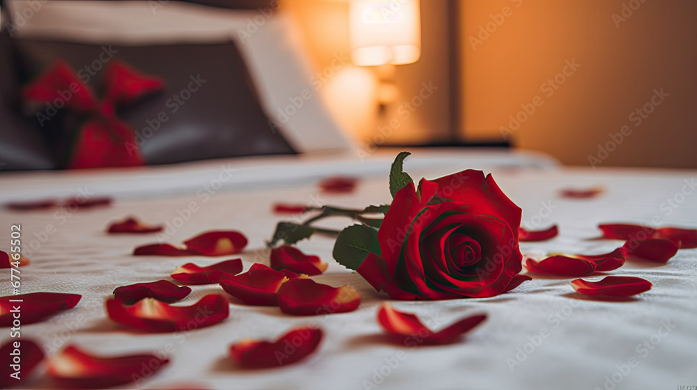 red rose on room,Rose on the bed in the hotel rooms. Rose and her petals on the bed for a romantic evening