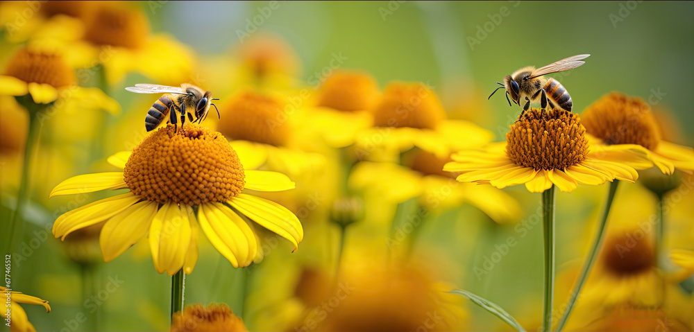 bees  on helenium flowers,Bee and flower. Close up of a large striped bee collects honey on a yellow flower on a Sunny bright day. Macro horizontal photography. Summer and spring backgrounds