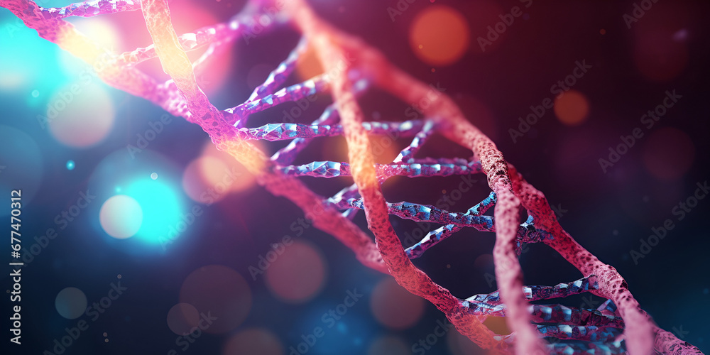 A dna strand with pink and blue lights,  DNA Molecular Structure with Vibrant Illumination 