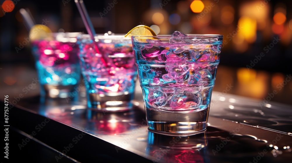 Close-up of group of stylish coloured cocktails with ice and lemon on the bar counter. Generative AI