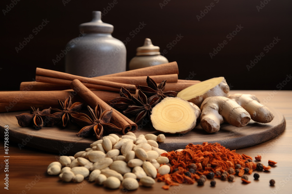 Ginger root, Cinnamon, Cayenne pepper, Cardamom and cacao beans on a one desk.