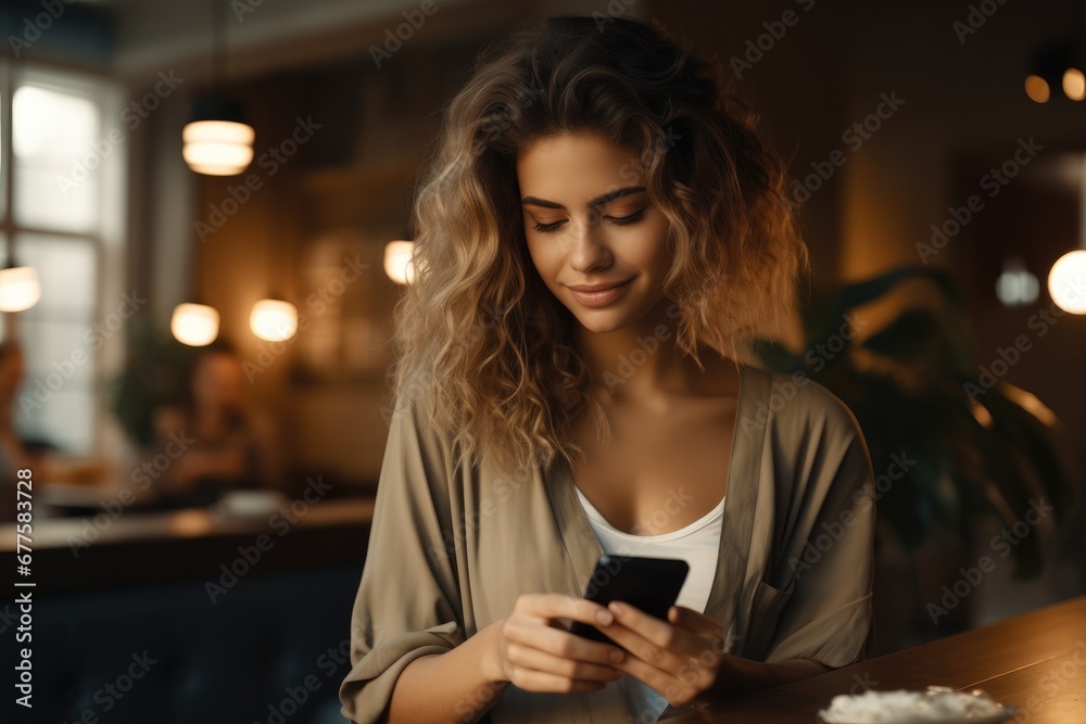 Young happy smiling pretty woman sitting at table holding smartphone using cellphone modern technology, Looking at mobile phone while remote working or learning, Texting messages at home.