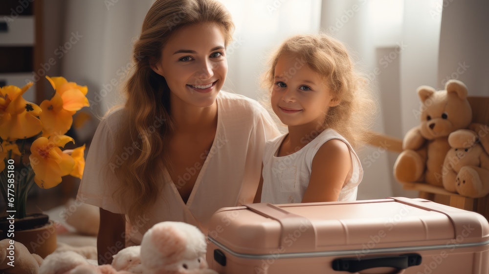 Happy mother with children packing suitcases in a bright room at home.