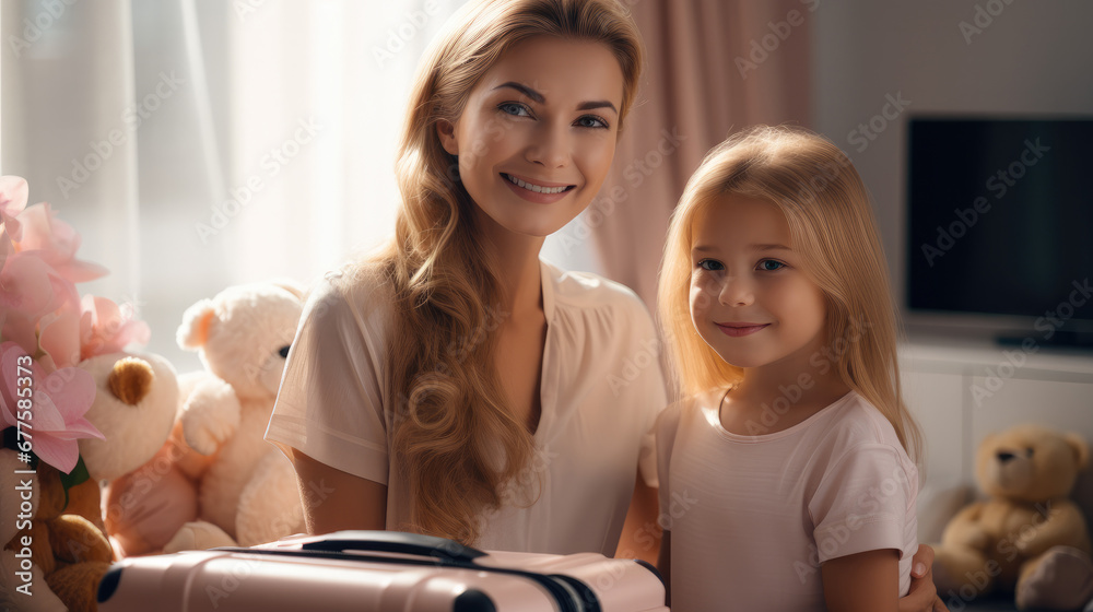 Happy mother with children packing suitcases in a bright room at home.