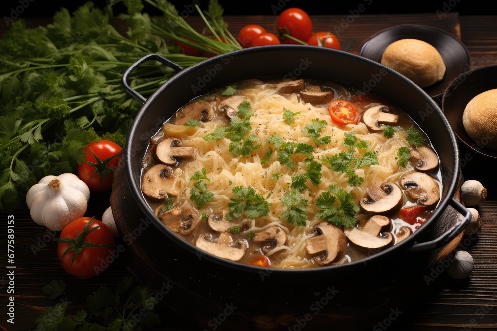 Chicken soup with vegetables and mushrooms.