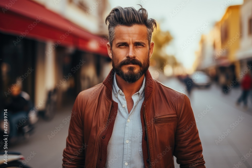 Portrait of handsome man standing on city street.