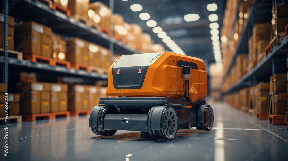 Automation with AGV and robotic arm in smart distribution warehouse.