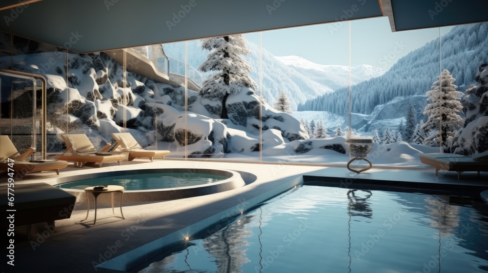 Thermal spa with inside outside spaces in an alpine setting.