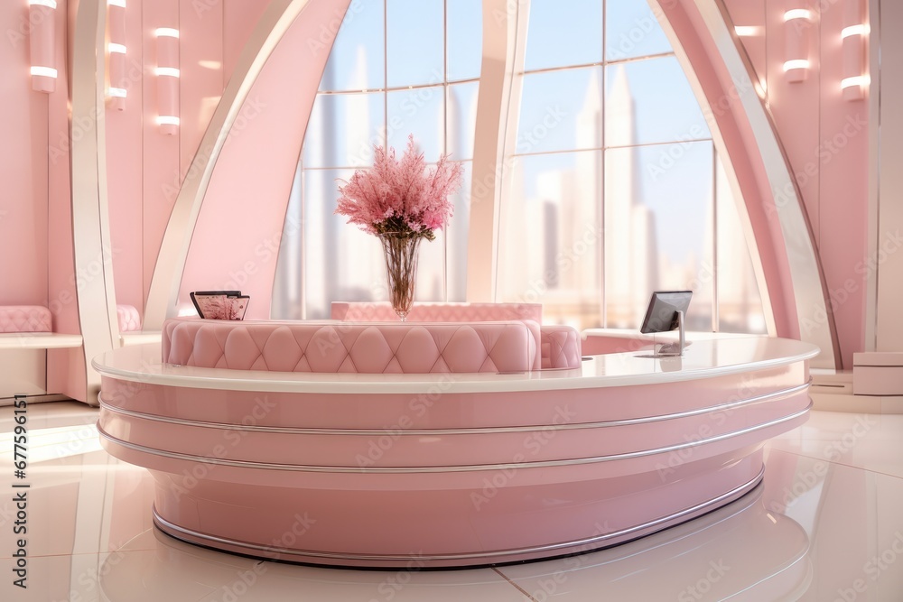 Exquisite and luxurious light pink and silver VIP customer service counter, Frontal view.