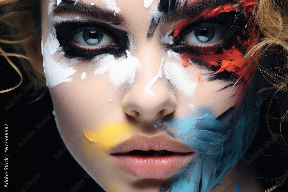 A close up portrait of face woman is drawing something with paint, Fashion model woman face with fantasy art make-up.