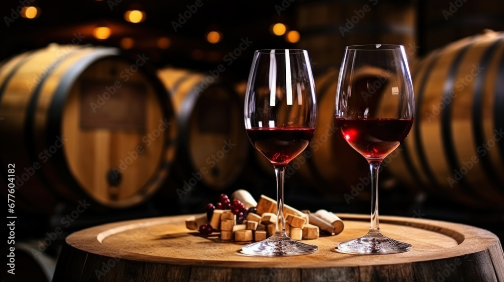 Glass of red wine with a blurred background of cellar, wine-vault with barrels. Generative AI