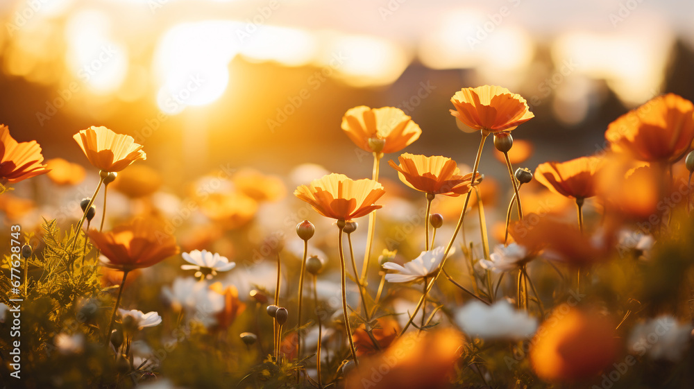 Field full of autumn flowers at sunrise