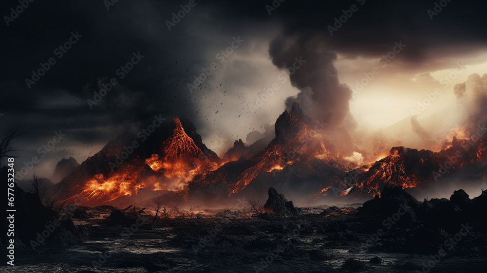 Volcano eruption apocalyptic disaster scene