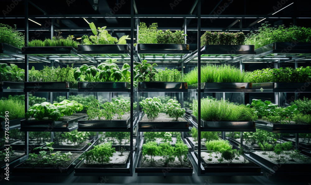 Vertical farming, growing plants in water under artificial lighting, indoors, Sustainable agriculture, food concept.