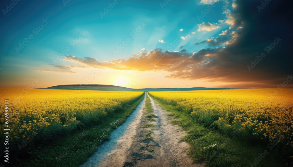 Dirt straight flat road passing through a beautiful field at dusk.