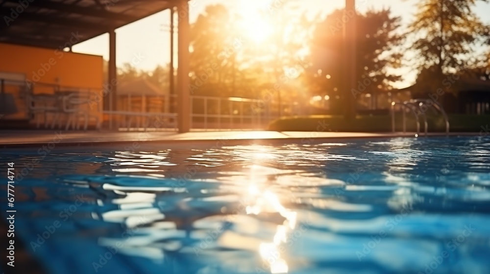 Calm water surface in the empty swimming pool of the sports center, sunrise. Generative AI