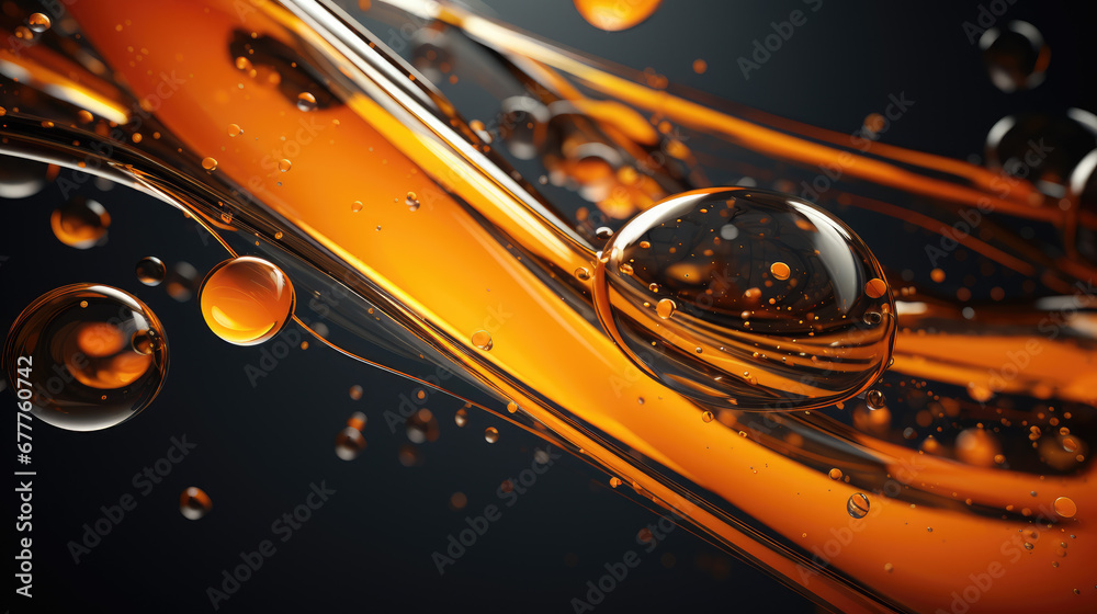 Serum oil with bubbles concept on black background, gold fluid texture