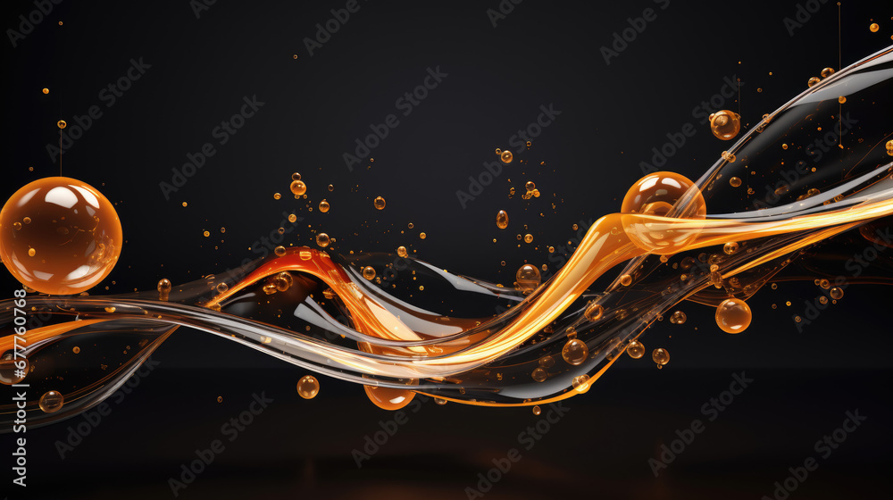 Serum oil with bubbles concept on black background, gold fluid texture