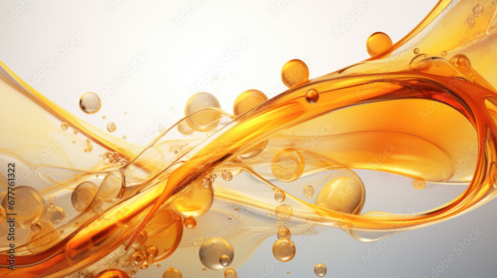 Serum oil with bubbles concept on white background, gold fluid texture