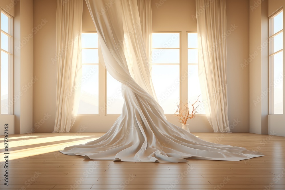 Empty room with roomy curtains and a rug in the style of light white and light brown, Opacity and translucency.