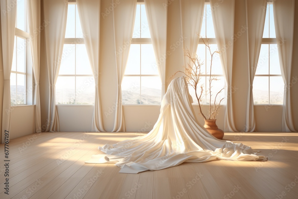 Empty room with roomy curtains and a rug in the style of light white and light brown, Opacity and translucency.