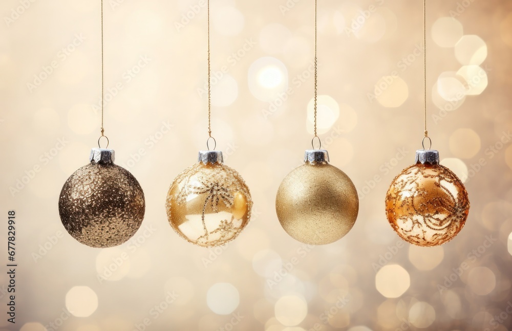 three christmas decorations hanging on a golden background