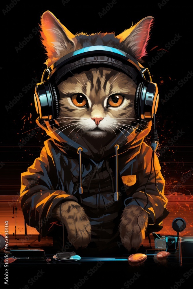 cat dj with headphones