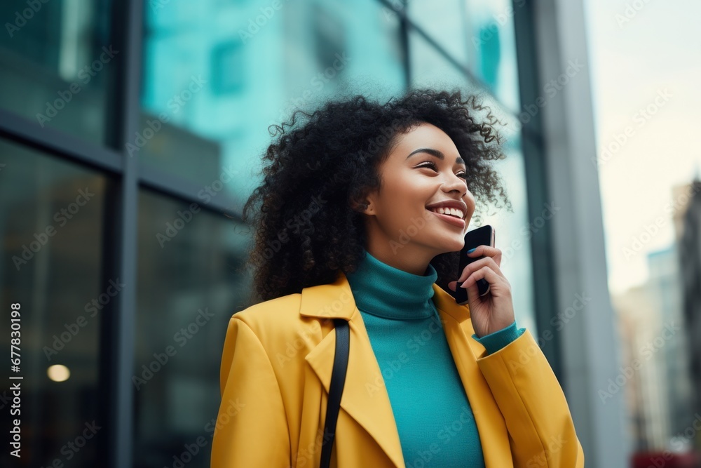 young woman talking on a phone in an urban setting