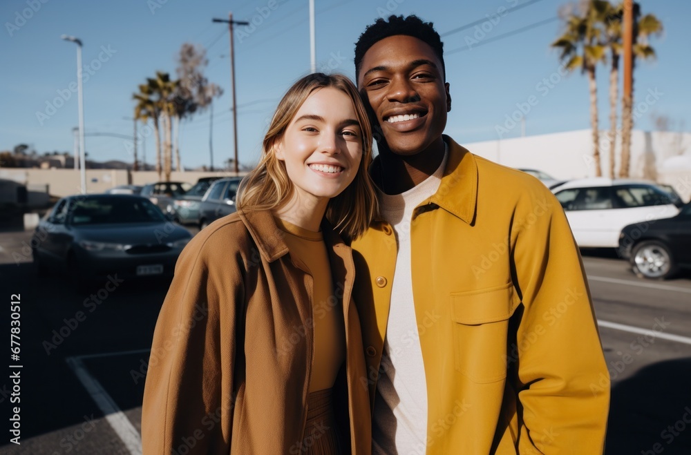 young happy couple standing in a parking lot together