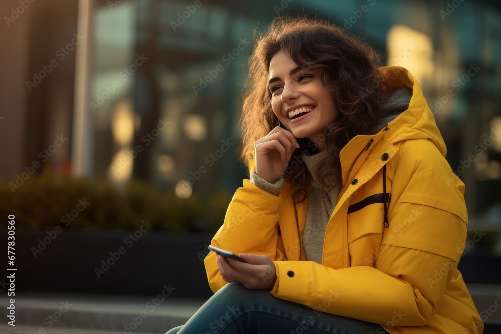 girl dressed in yellow jacket talking on cell phone sitting outdoors in city,