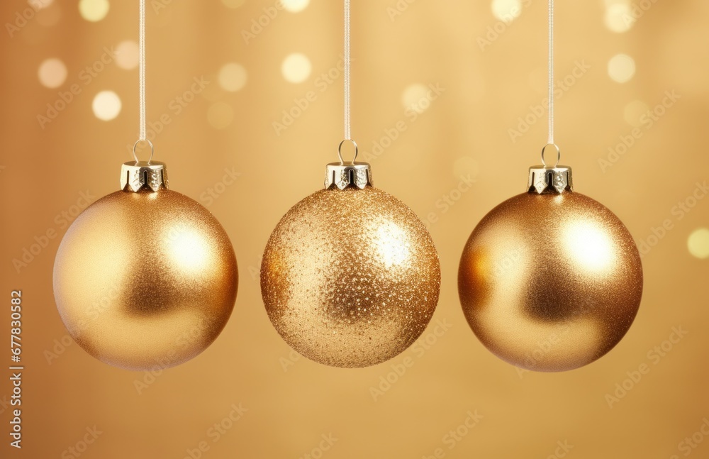 three christmas decorations hanging on a golden background