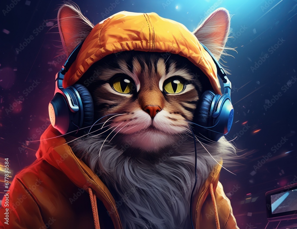 cat dj with headphones