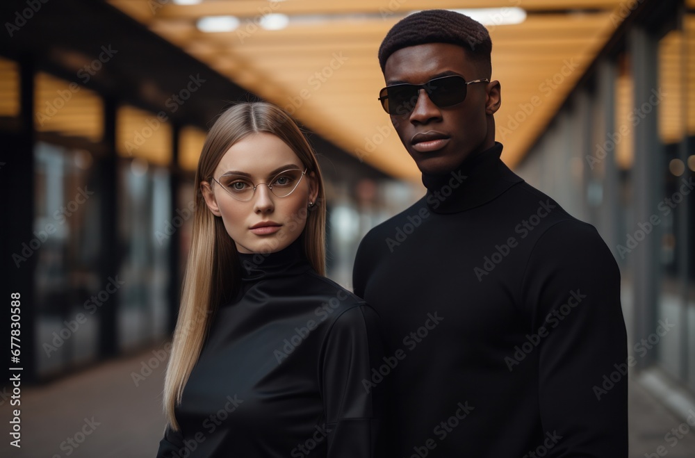 young fashion couple in black and beige clothing