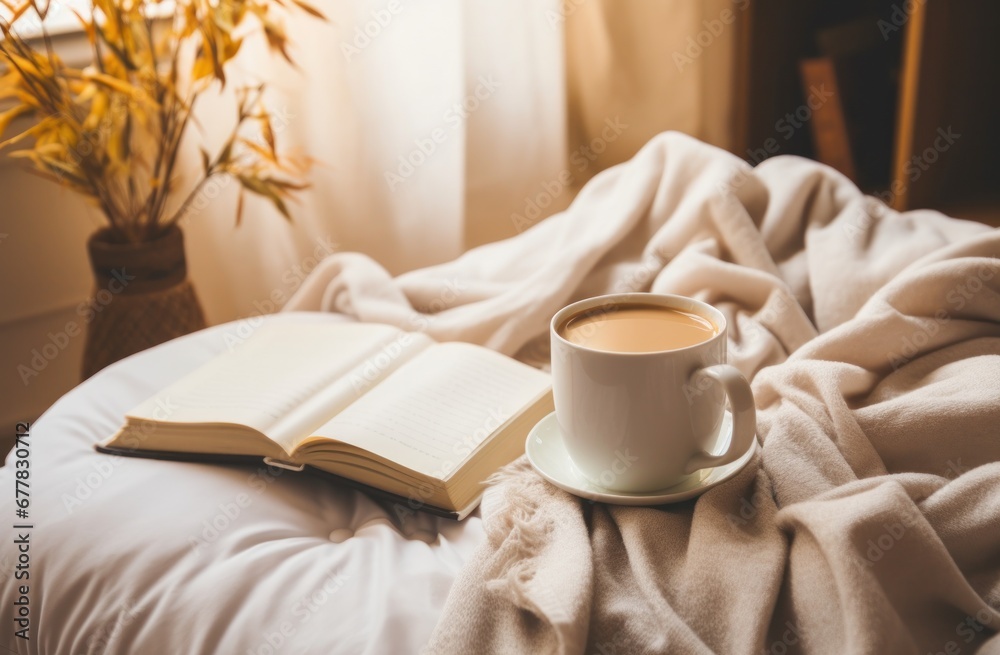 a womans legs holding a book and coffee mug