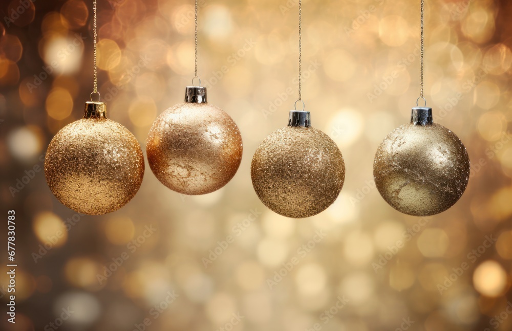 three christmas decorations hanging on a golden background