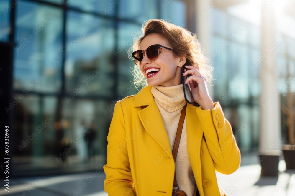 businesswoman in yellow coat talking