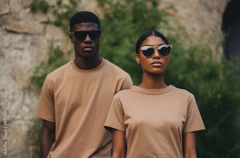 black woman with brown eyed man, tan tshirt and jeans standing in park