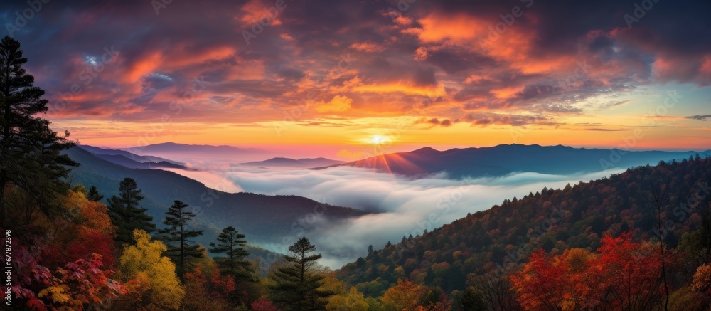 breathtaking autumn landscape the traveler immersed themselves beautiful natural surroundings capturing the stunning sunset over the mountains surrounded by vibrant fall colors as the clouds