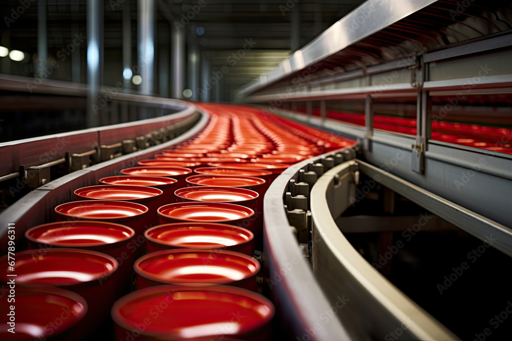 Red metal cans on the conveyor production line. Close-up image.