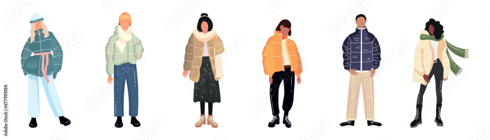 Group of young people in stylish winter clothes on white background