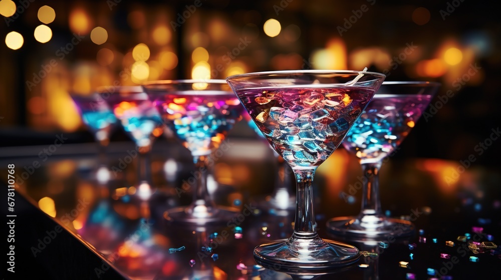 A group of stylish pink girlish cocktails in glasses with high stems at the bar counter. Generative AI