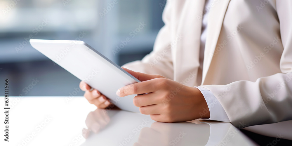 Medical hospital portrait: Confident female medical doctor using tablet . Healthcare concept. Generative AI