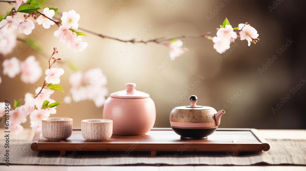 Tea ceremony, traditional teapot and ceramic cups on wooden tray on light background with sakura blossoms. Generative AI